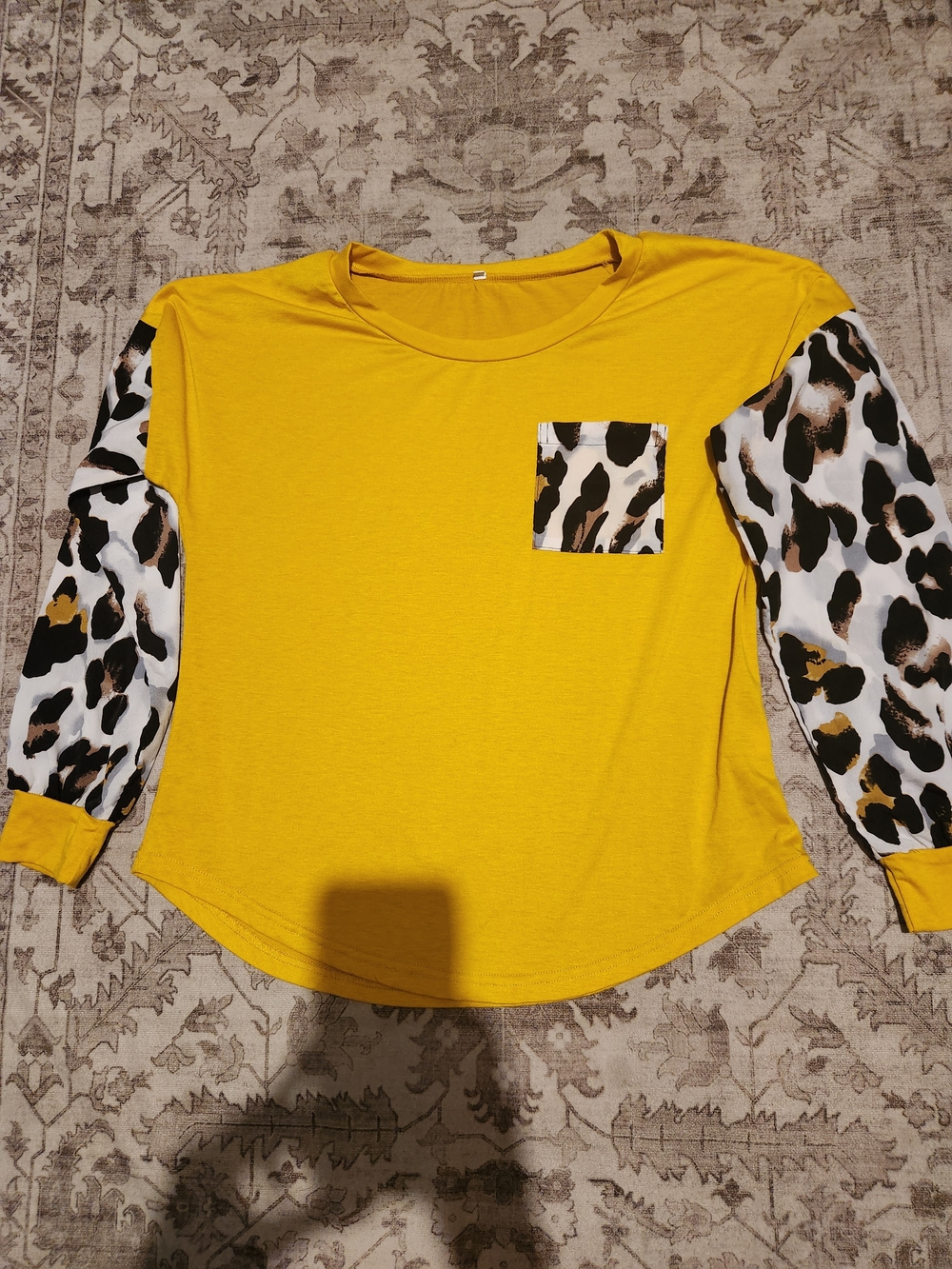 Yellow Long-Sleeve Top with Leopard Print Sleeves